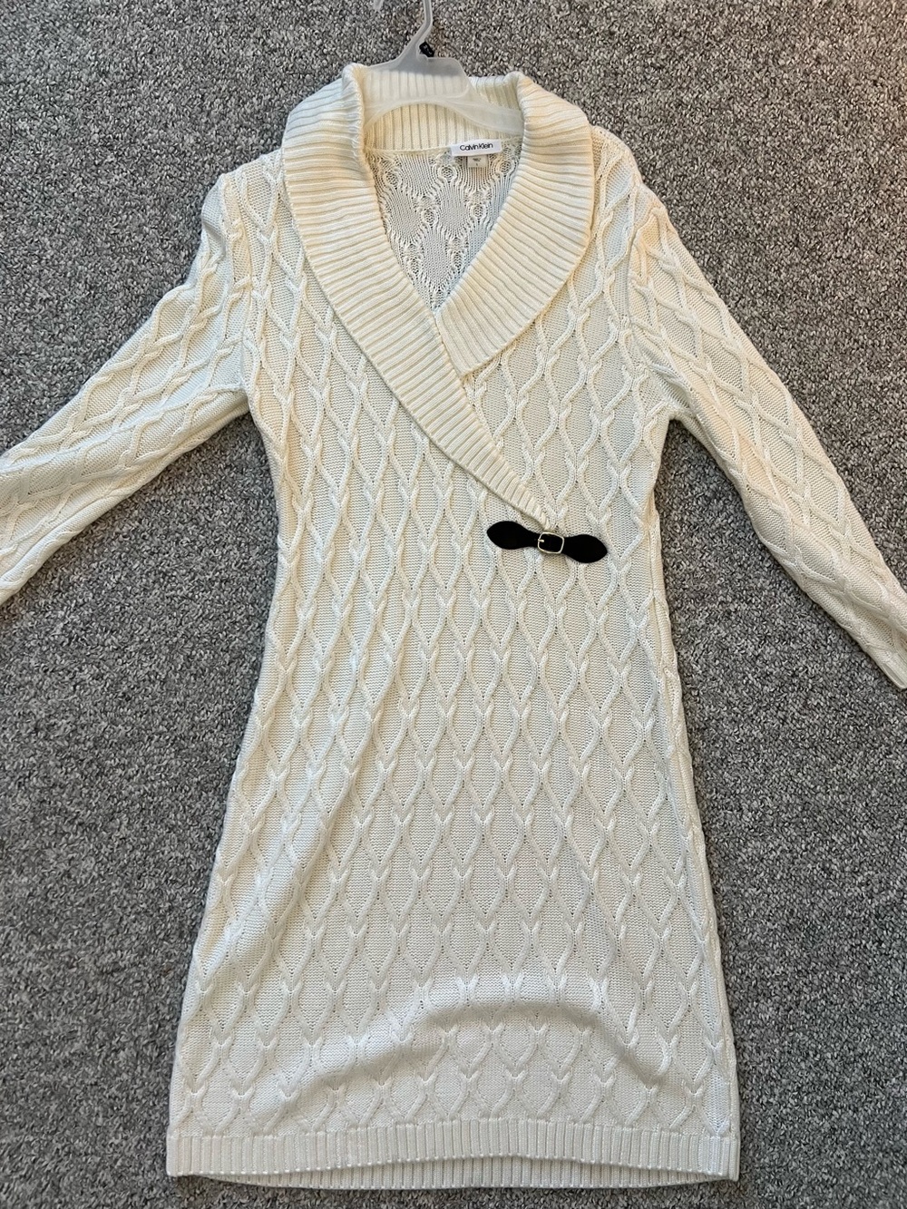 Calvin Klein Cream Cable-Knit Shawl Collar Dress with Buckle